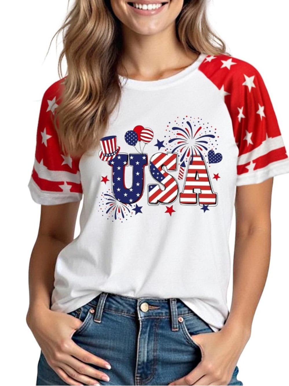 NWT🤍❤️💙Patriotic USA Graphic Raglan Tee - Red & White🤍❤️💙 woman’s size L